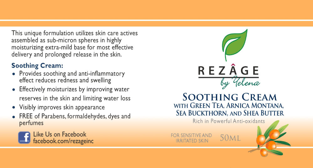 Rezage Soothing Cream with Green Tea Arnica Sea Buckthorn and Shea Butter Label